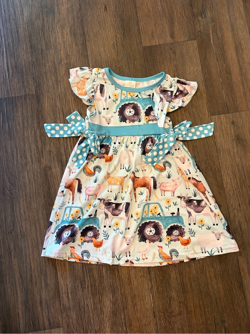 Farm Animal Cow Horse Tractor & Chicken Blue Swirl Dress W/Bows Size 3T